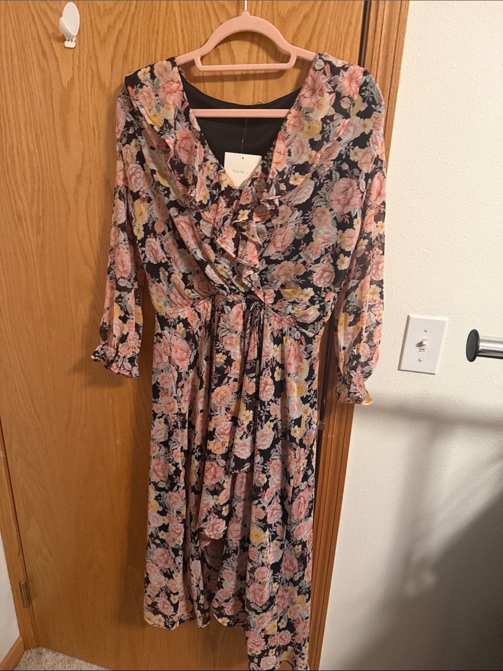 Floral Ruffle Wrap Midi Dress - Black with Pink Floral